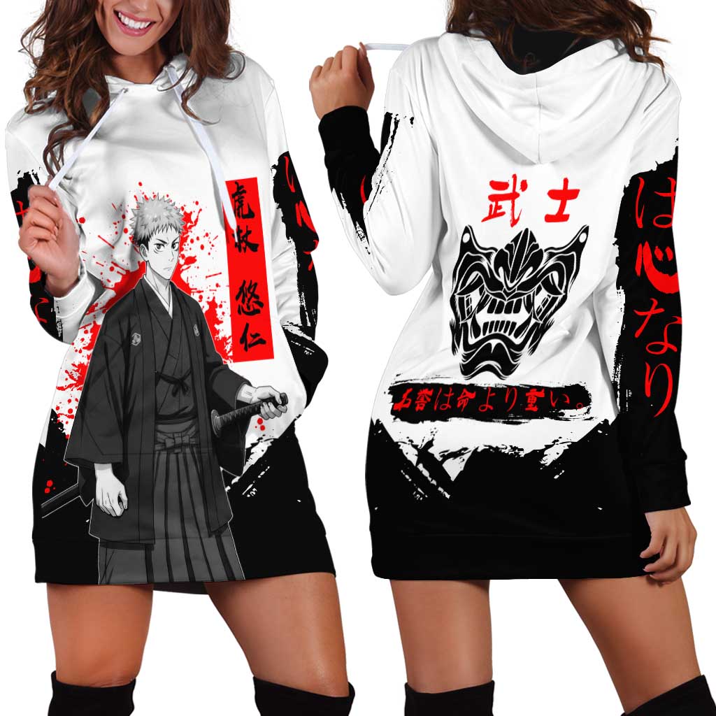 Yuji Itadori Jujutsu Kaisen Samurai Design Hoodie Dress with Katana, Red Kanji Elements and Oni Mask Graphic - The Mazicc