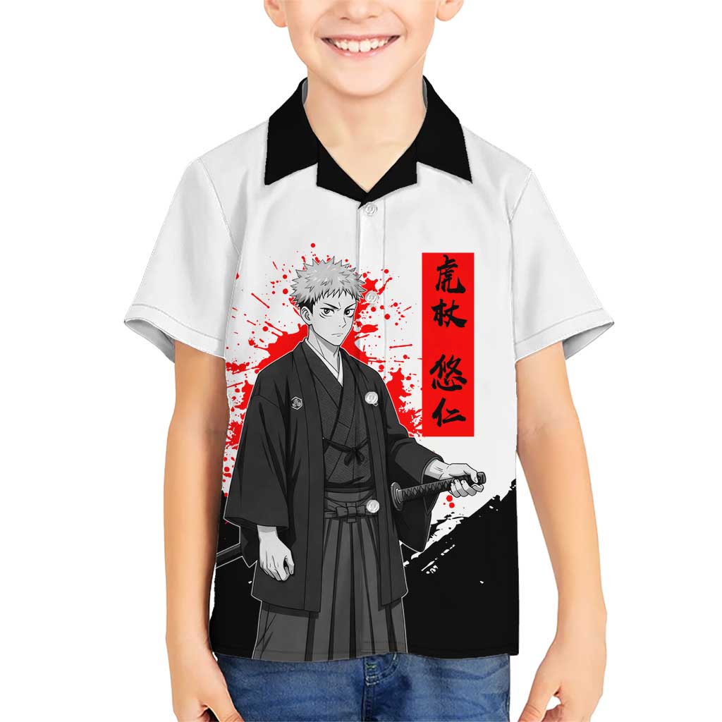 Yuji Itadori Jujutsu Kaisen Samurai Design Kid Hawaiian Shirt with Katana, Red Kanji Elements and Oni Mask Graphic - The Mazicc