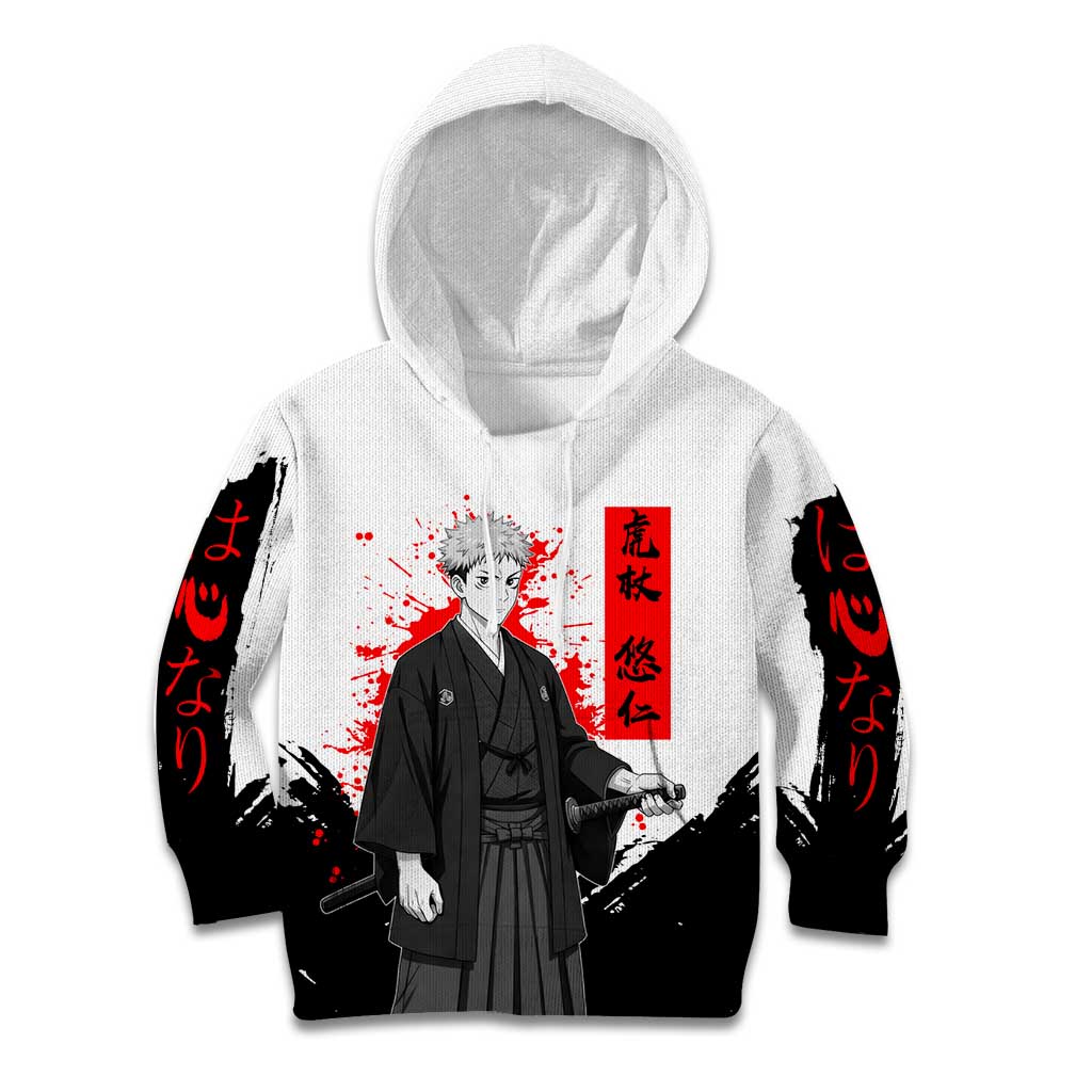 Yuji Itadori Jujutsu Kaisen Samurai Design Kid Hoodie with Katana, Red Kanji Elements and Oni Mask Graphic - The Mazicc
