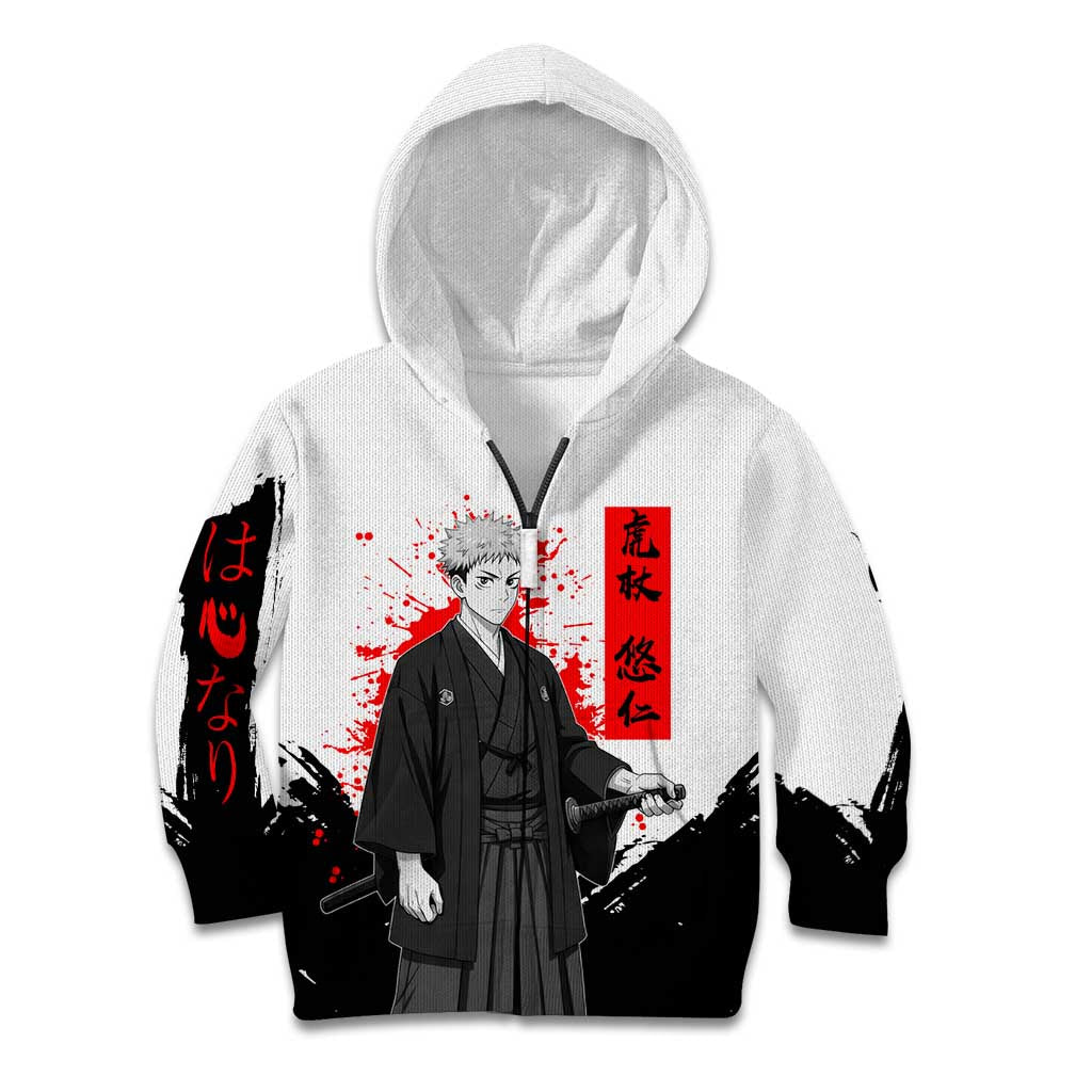Yuji Itadori Jujutsu Kaisen Samurai Design Kid Hoodie with Katana, Red Kanji Elements and Oni Mask Graphic - The Mazicc