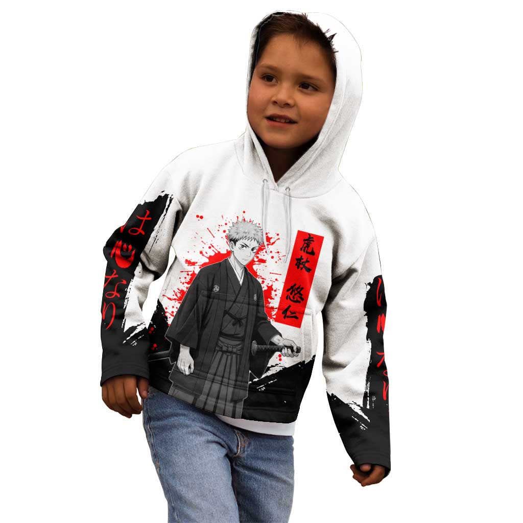 Yuji Itadori Jujutsu Kaisen Samurai Design Kid Hoodie with Katana, Red Kanji Elements and Oni Mask Graphic - The Mazicc