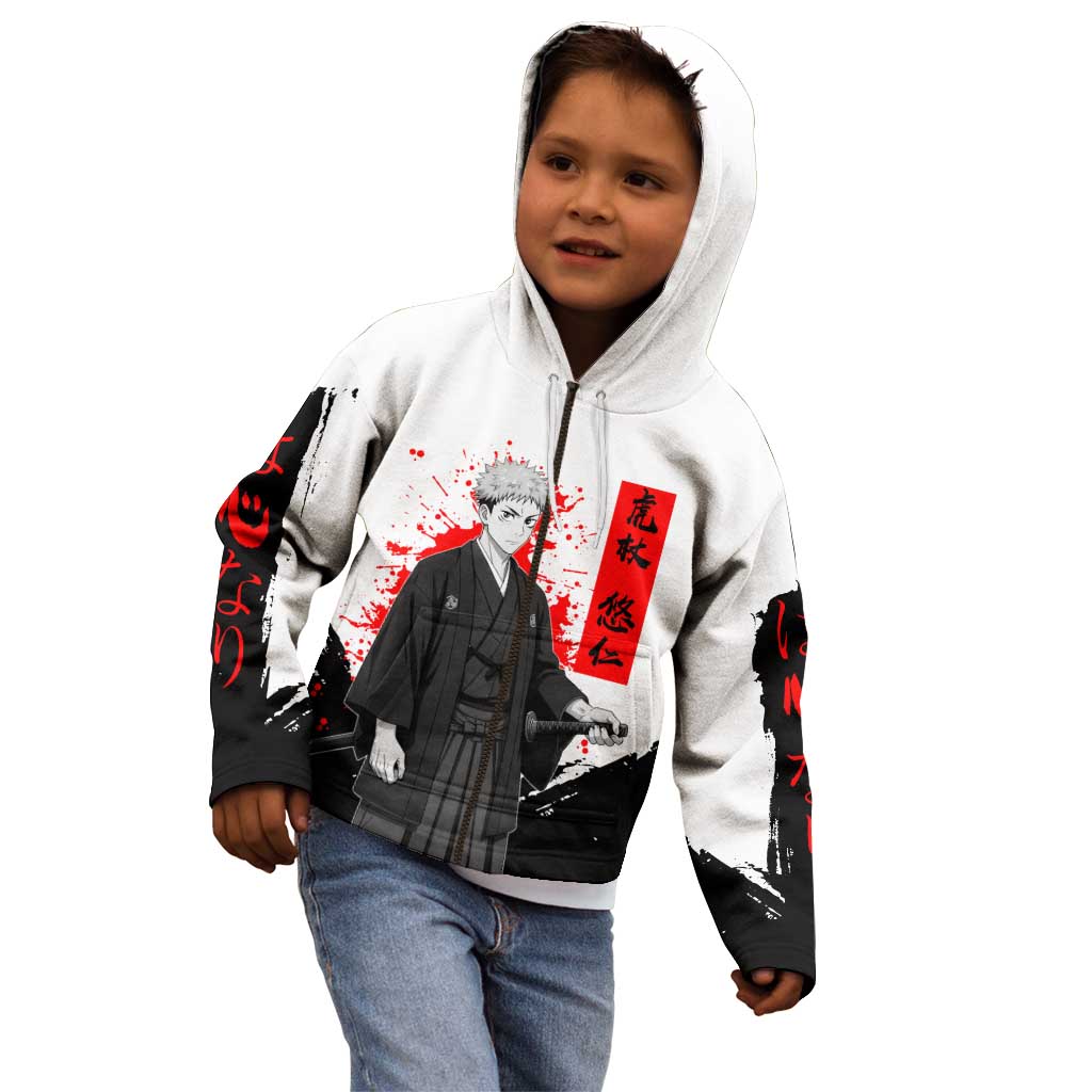 Yuji Itadori Jujutsu Kaisen Samurai Design Kid Hoodie with Katana, Red Kanji Elements and Oni Mask Graphic - The Mazicc