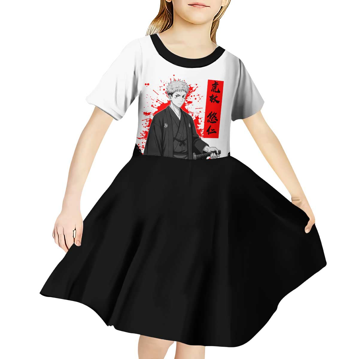 Yuji Itadori Jujutsu Kaisen Samurai Design Kid Short Sleeve Dress with Katana, Red Kanji Elements and Oni Mask Graphic - The Mazicc