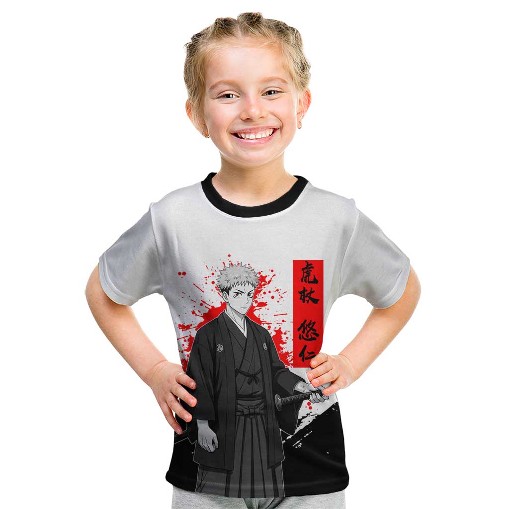 Yuji Itadori Jujutsu Kaisen Samurai Design Kid T Shirt with Katana, Red Kanji Elements and Oni Mask Graphic - The Mazicc