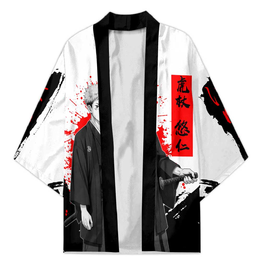 Yuji Itadori Jujutsu Kaisen Samurai Design Kimono with Katana, Red Kanji Elements and Oni Mask Graphic - The Mazicc