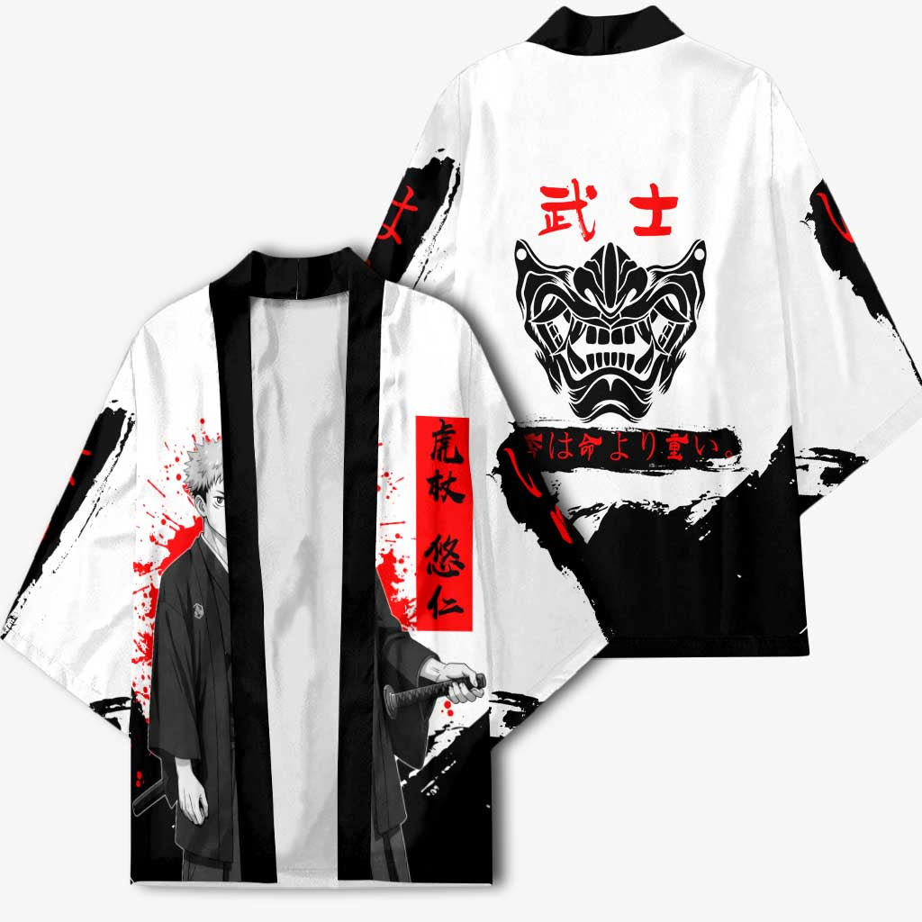 Yuji Itadori Jujutsu Kaisen Samurai Design Kimono with Katana, Red Kanji Elements and Oni Mask Graphic - The Mazicc
