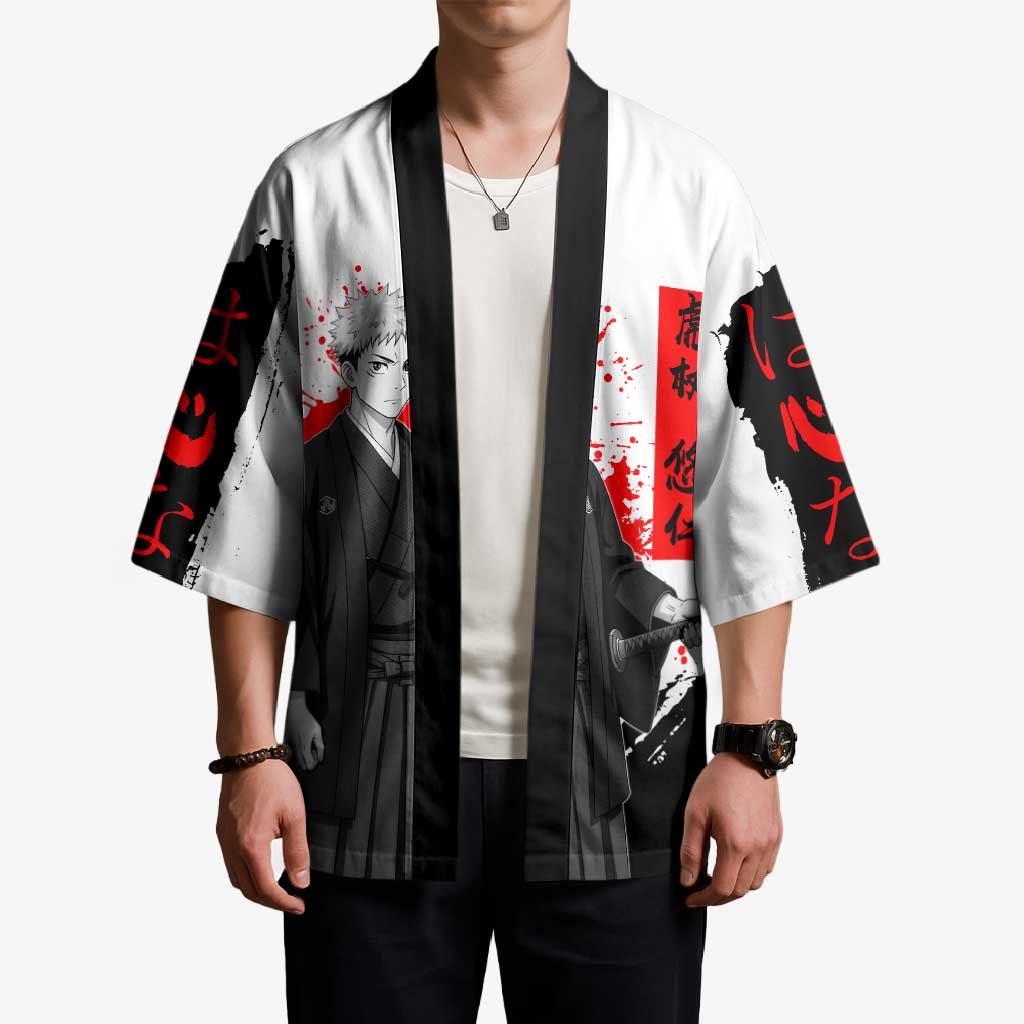Yuji Itadori Jujutsu Kaisen Samurai Design Kimono with Katana, Red Kanji Elements and Oni Mask Graphic - The Mazicc