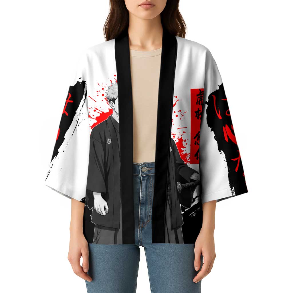 Yuji Itadori Jujutsu Kaisen Samurai Design Kimono with Katana, Red Kanji Elements and Oni Mask Graphic - The Mazicc
