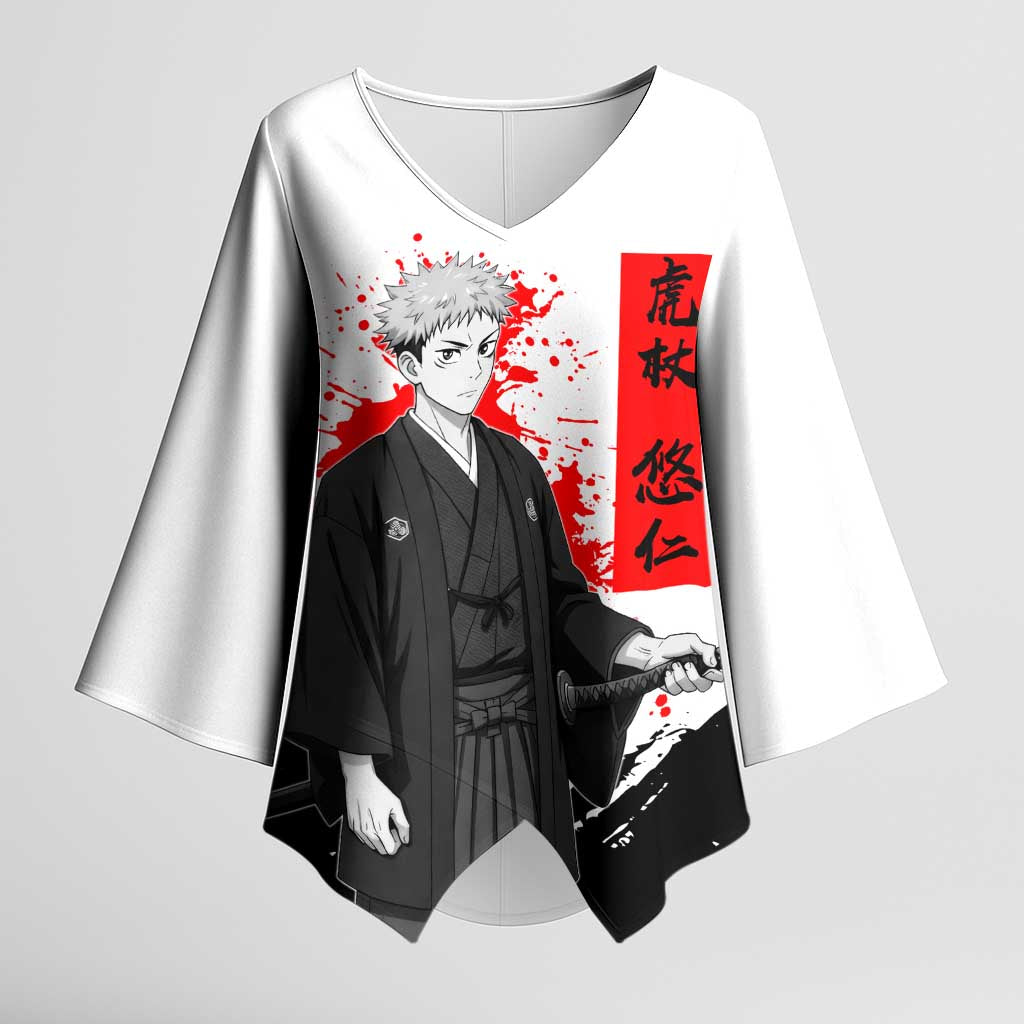 Yuji Itadori Jujutsu Kaisen Samurai Design Kimono Sleeve Blouse with Katana, Red Kanji Elements and Oni Mask Graphic - The Mazicc