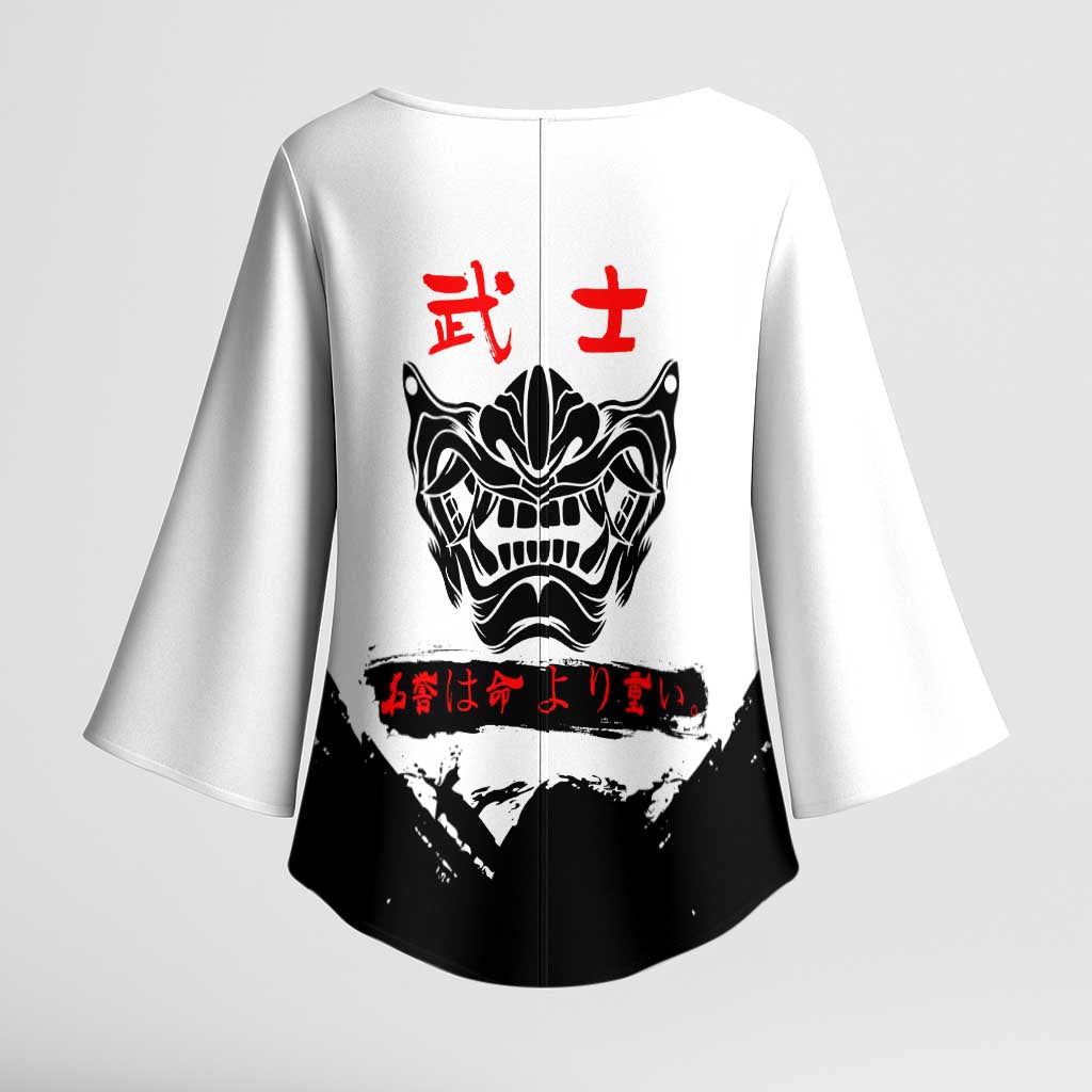 Yuji Itadori Jujutsu Kaisen Samurai Design Kimono Sleeve Blouse with Katana, Red Kanji Elements and Oni Mask Graphic - The Mazicc