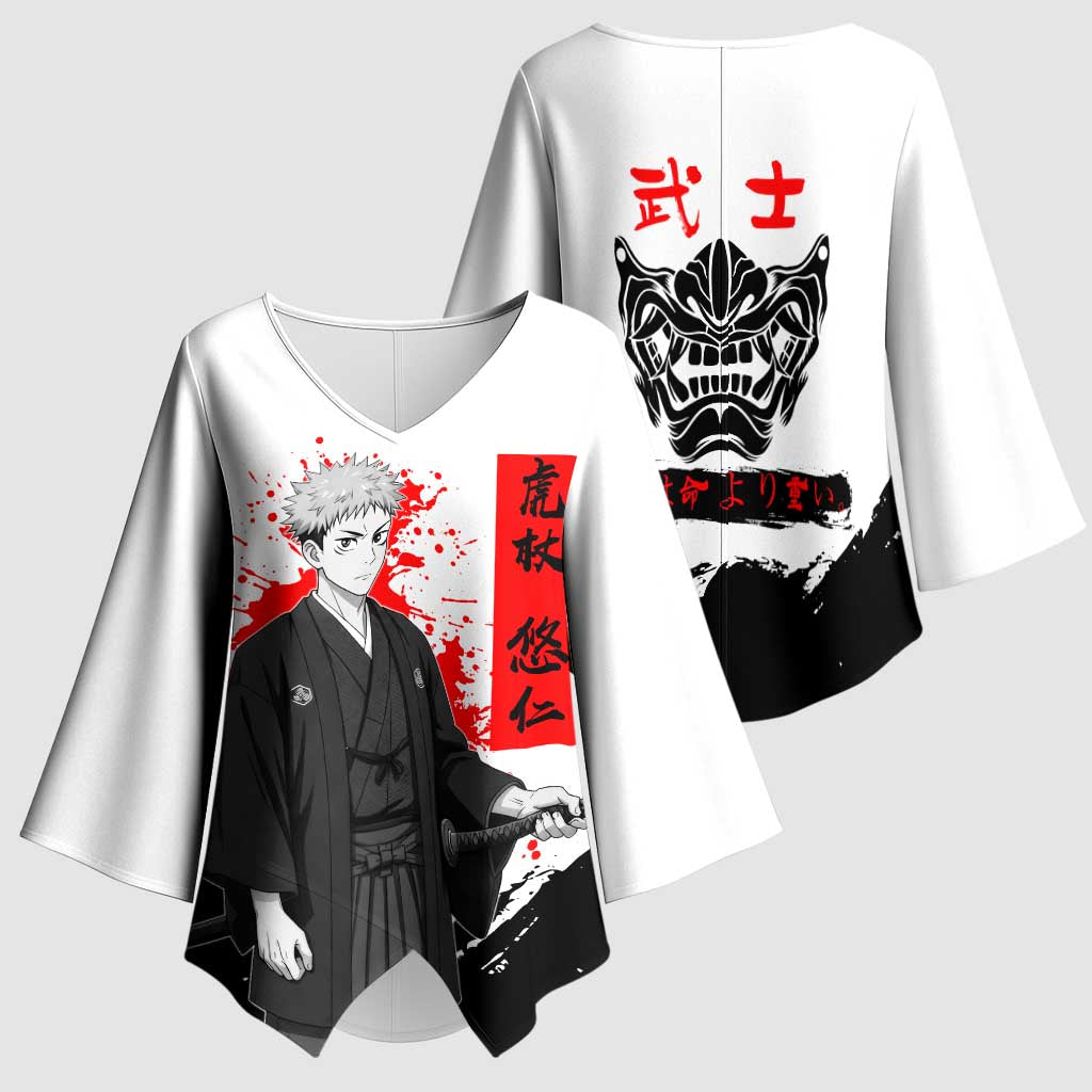 Yuji Itadori Jujutsu Kaisen Samurai Design Kimono Sleeve Blouse with Katana, Red Kanji Elements and Oni Mask Graphic - The Mazicc