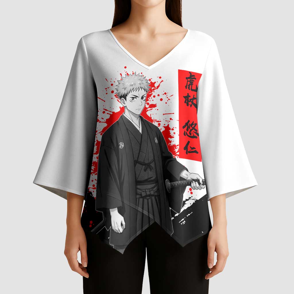 Yuji Itadori Jujutsu Kaisen Samurai Design Kimono Sleeve Blouse with Katana, Red Kanji Elements and Oni Mask Graphic - The Mazicc
