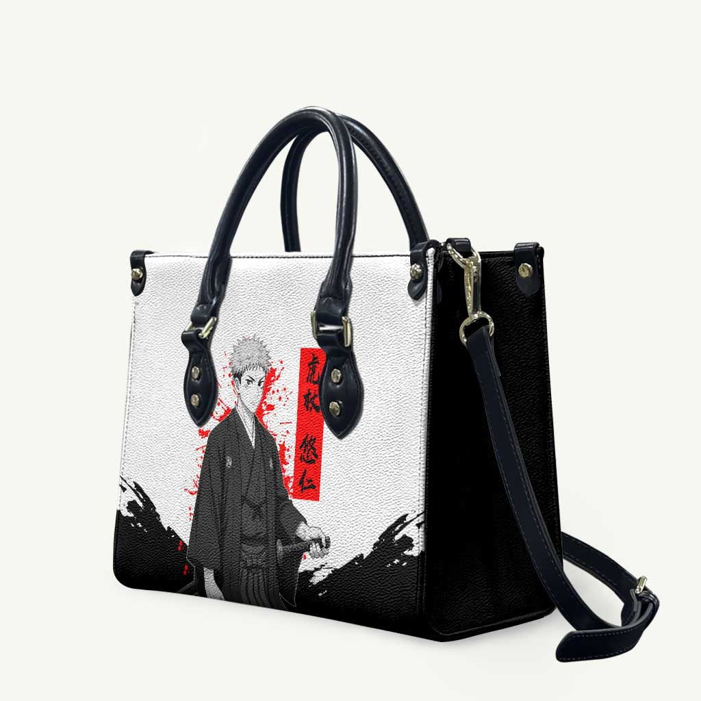 Yuji Itadori Jujutsu Kaisen Samurai Design Leather Bag with Katana, Red Kanji Elements and Oni Mask Graphic - The Mazicc