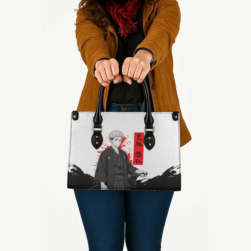 Yuji Itadori Jujutsu Kaisen Samurai Design Leather Bag with Katana, Red Kanji Elements and Oni Mask Graphic - The Mazicc