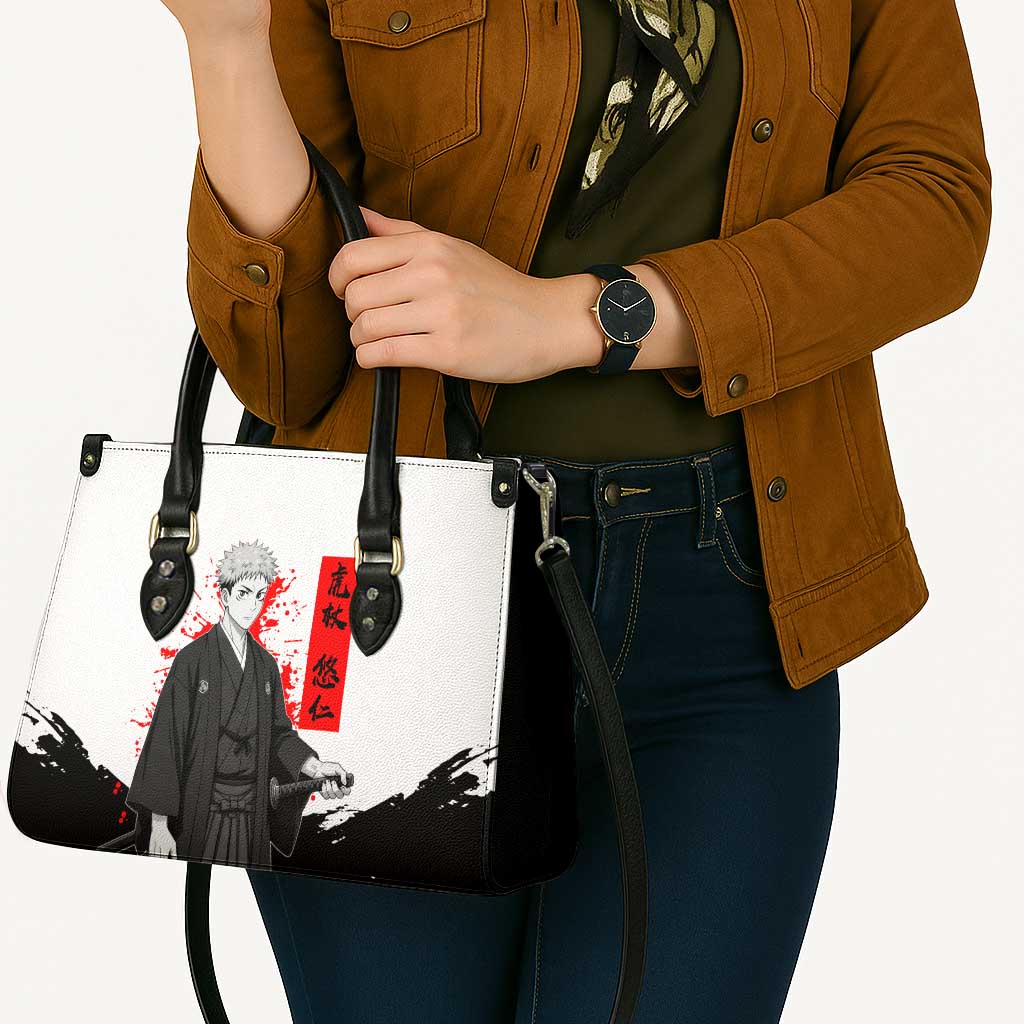 Yuji Itadori Jujutsu Kaisen Samurai Design Leather Bag with Katana, Red Kanji Elements and Oni Mask Graphic - The Mazicc