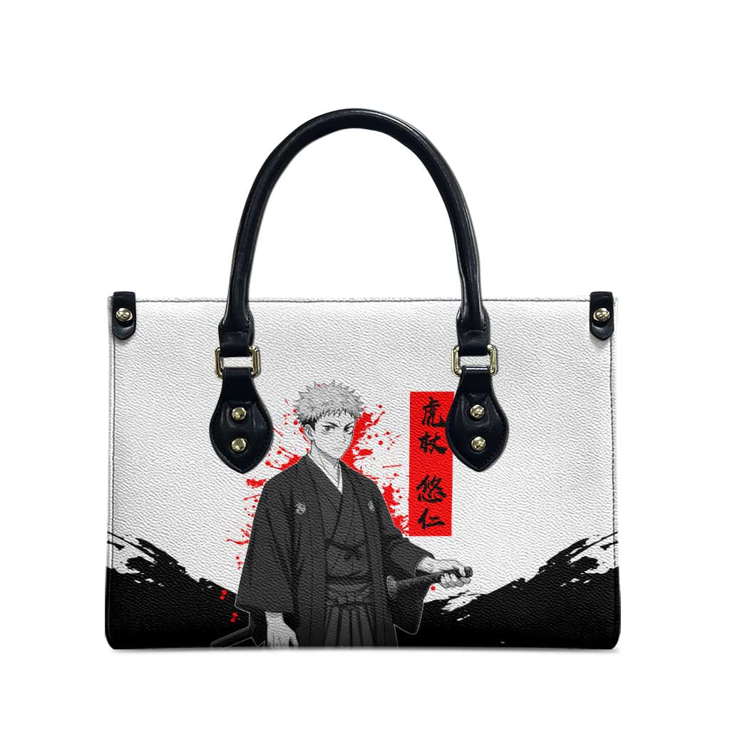 Yuji Itadori Jujutsu Kaisen Samurai Design Leather Bag with Katana, Red Kanji Elements and Oni Mask Graphic - The Mazicc