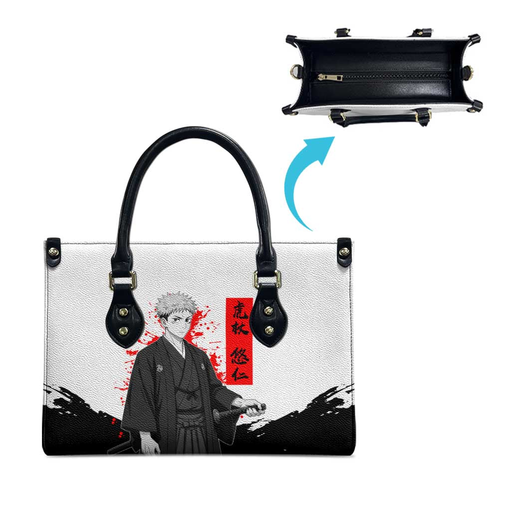 Yuji Itadori Jujutsu Kaisen Samurai Design Leather Bag with Katana, Red Kanji Elements and Oni Mask Graphic - The Mazicc