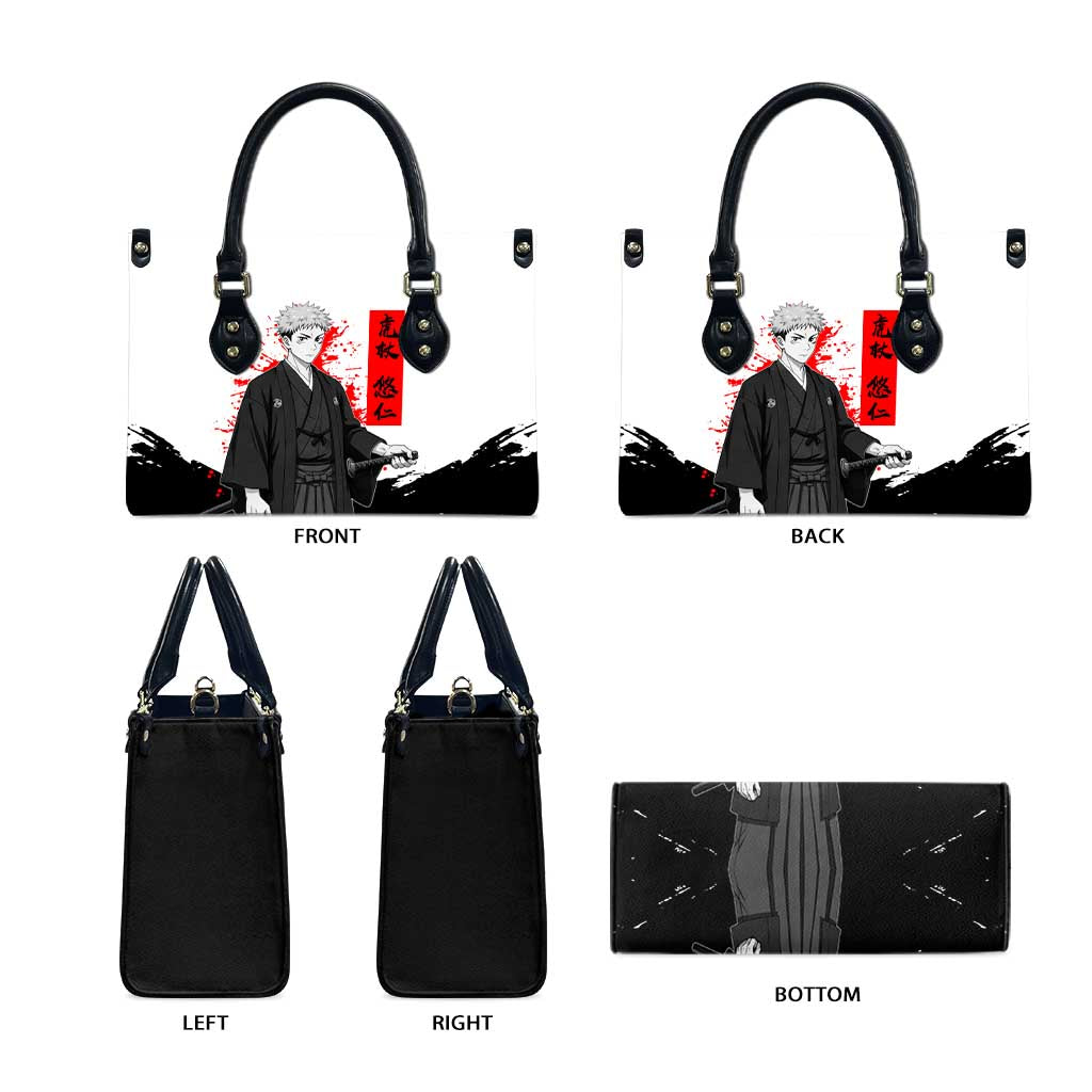 Yuji Itadori Jujutsu Kaisen Samurai Design Leather Bag with Katana, Red Kanji Elements and Oni Mask Graphic - The Mazicc