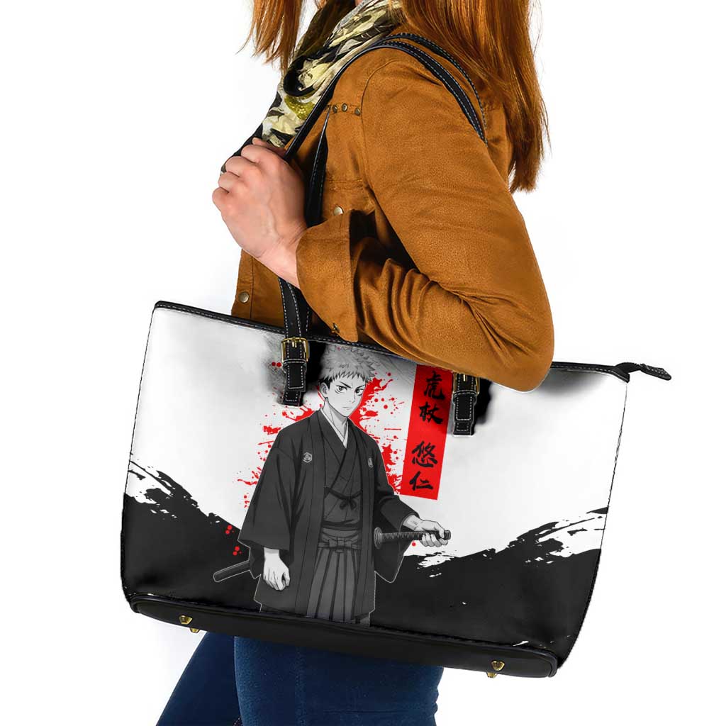 Yuji Itadori Jujutsu Kaisen Samurai Design Leather Tote Bag with Katana, Red Kanji Elements and Oni Mask Graphic - The Mazicc