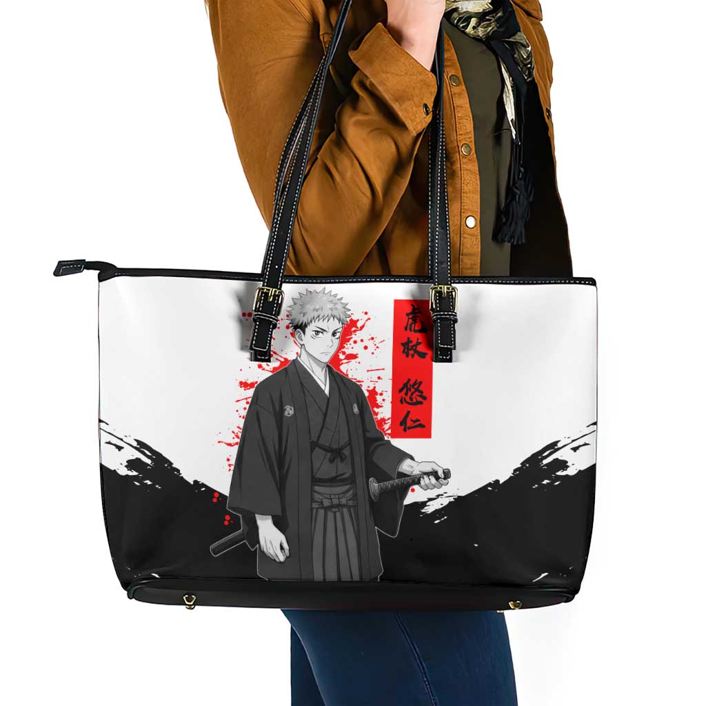 Yuji Itadori Jujutsu Kaisen Samurai Design Leather Tote Bag with Katana, Red Kanji Elements and Oni Mask Graphic - The Mazicc