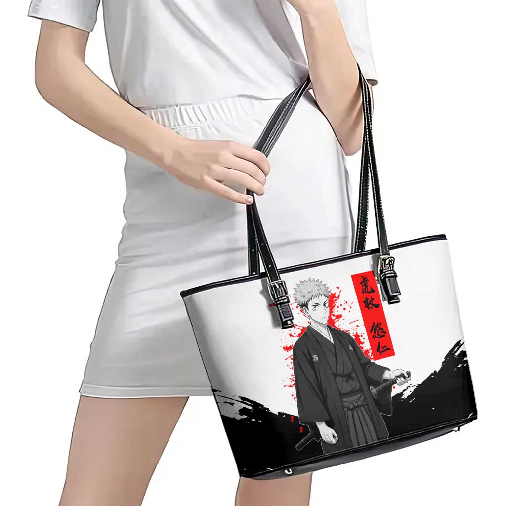 Yuji Itadori Jujutsu Kaisen Samurai Design Leather Tote Bag with Katana, Red Kanji Elements and Oni Mask Graphic - The Mazicc