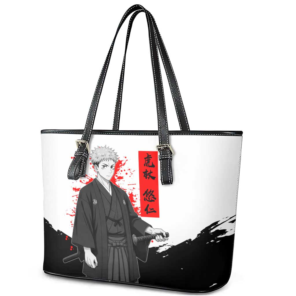 Yuji Itadori Jujutsu Kaisen Samurai Design Leather Tote Bag with Katana, Red Kanji Elements and Oni Mask Graphic - The Mazicc