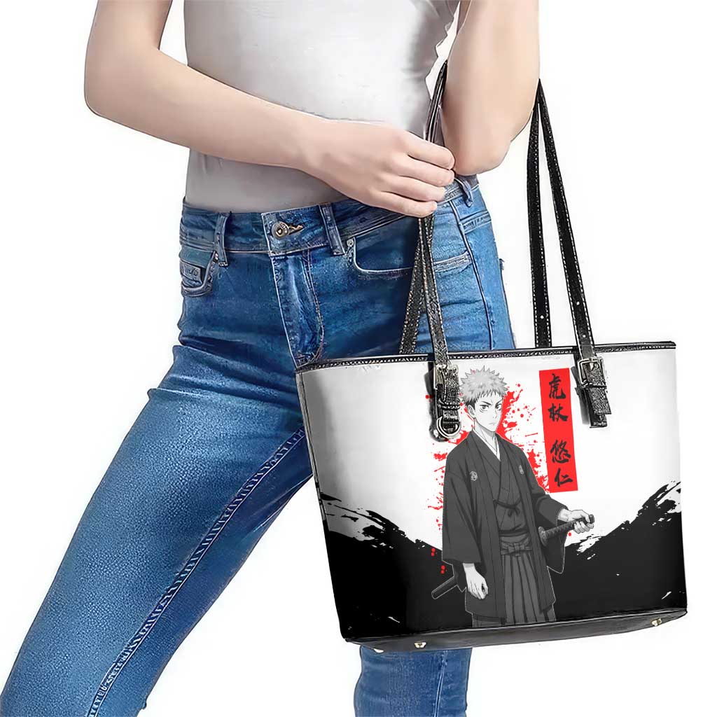 Yuji Itadori Jujutsu Kaisen Samurai Design Leather Tote Bag with Katana, Red Kanji Elements and Oni Mask Graphic - The Mazicc
