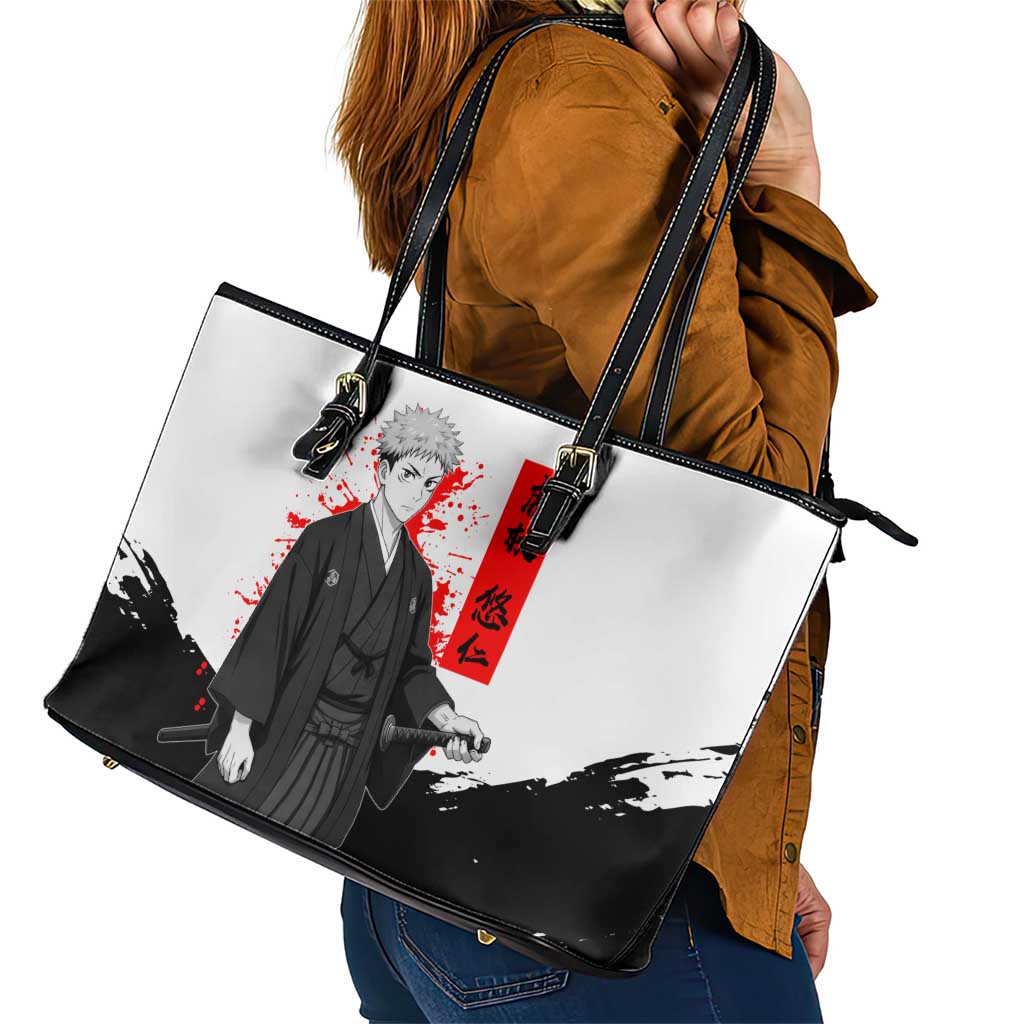 Yuji Itadori Jujutsu Kaisen Samurai Design Leather Tote Bag with Katana, Red Kanji Elements and Oni Mask Graphic - The Mazicc