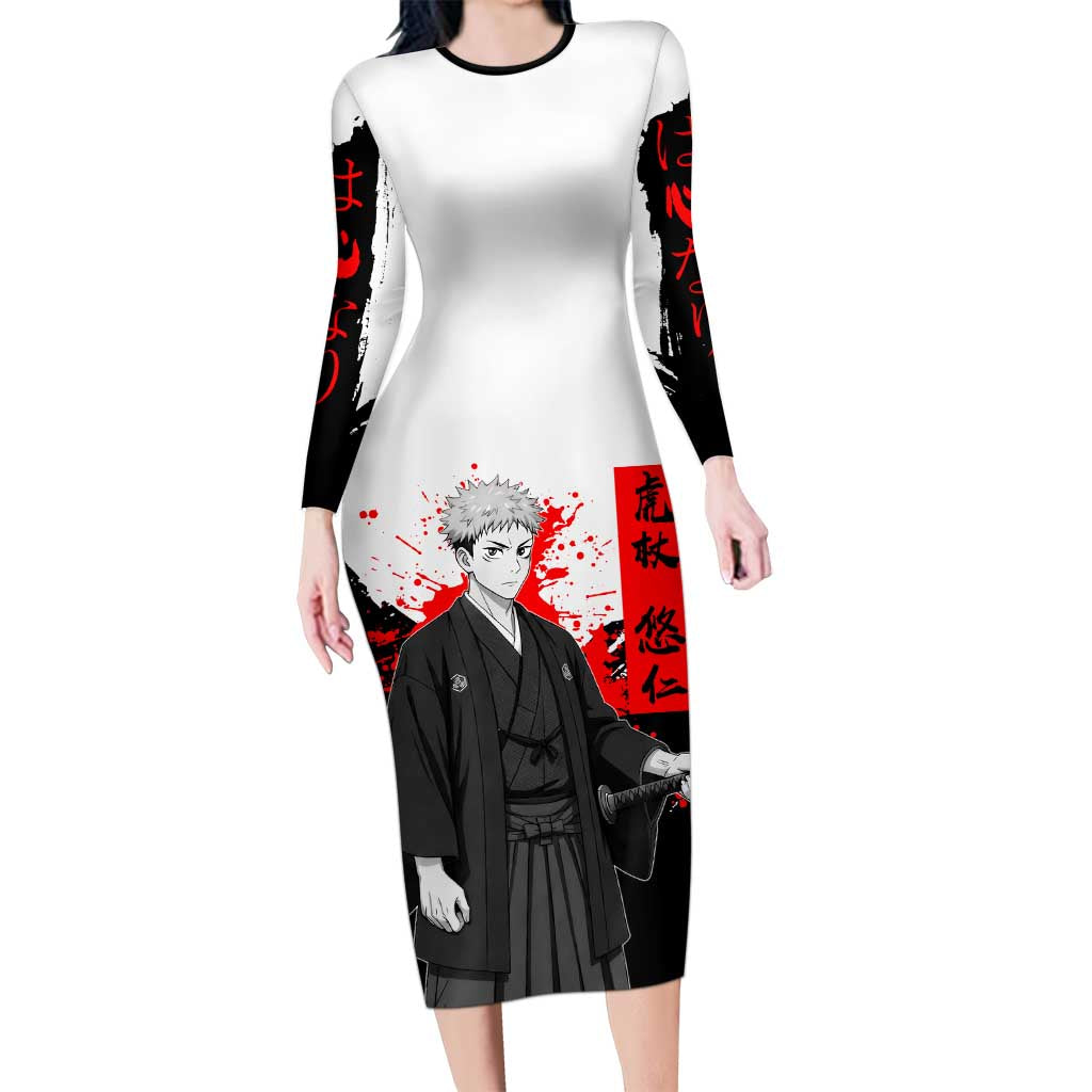 Yuji Itadori Jujutsu Kaisen Samurai Design Long Sleeve Bodycon Dress with Katana, Red Kanji Elements and Oni Mask Graphic - The Mazicc