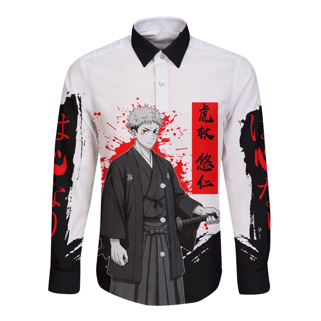 Yuji Itadori Jujutsu Kaisen Samurai Design Long Sleeve Button Shirt with Katana, Red Kanji Elements and Oni Mask Graphic - The Mazicc