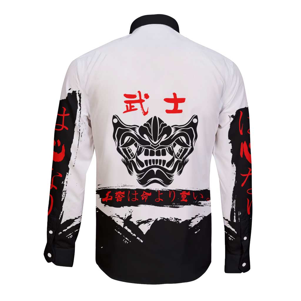 Yuji Itadori Jujutsu Kaisen Samurai Design Long Sleeve Button Shirt with Katana, Red Kanji Elements and Oni Mask Graphic - The Mazicc
