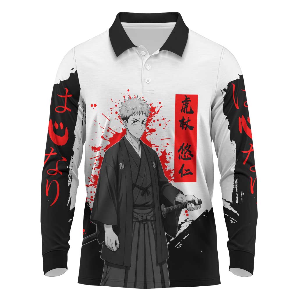 Yuji Itadori Jujutsu Kaisen Samurai Design Long Sleeve Polo Shirt with Katana, Red Kanji Elements and Oni Mask Graphic - The Mazicc