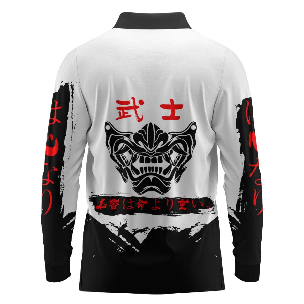 Yuji Itadori Jujutsu Kaisen Samurai Design Long Sleeve Polo Shirt with Katana, Red Kanji Elements and Oni Mask Graphic - The Mazicc
