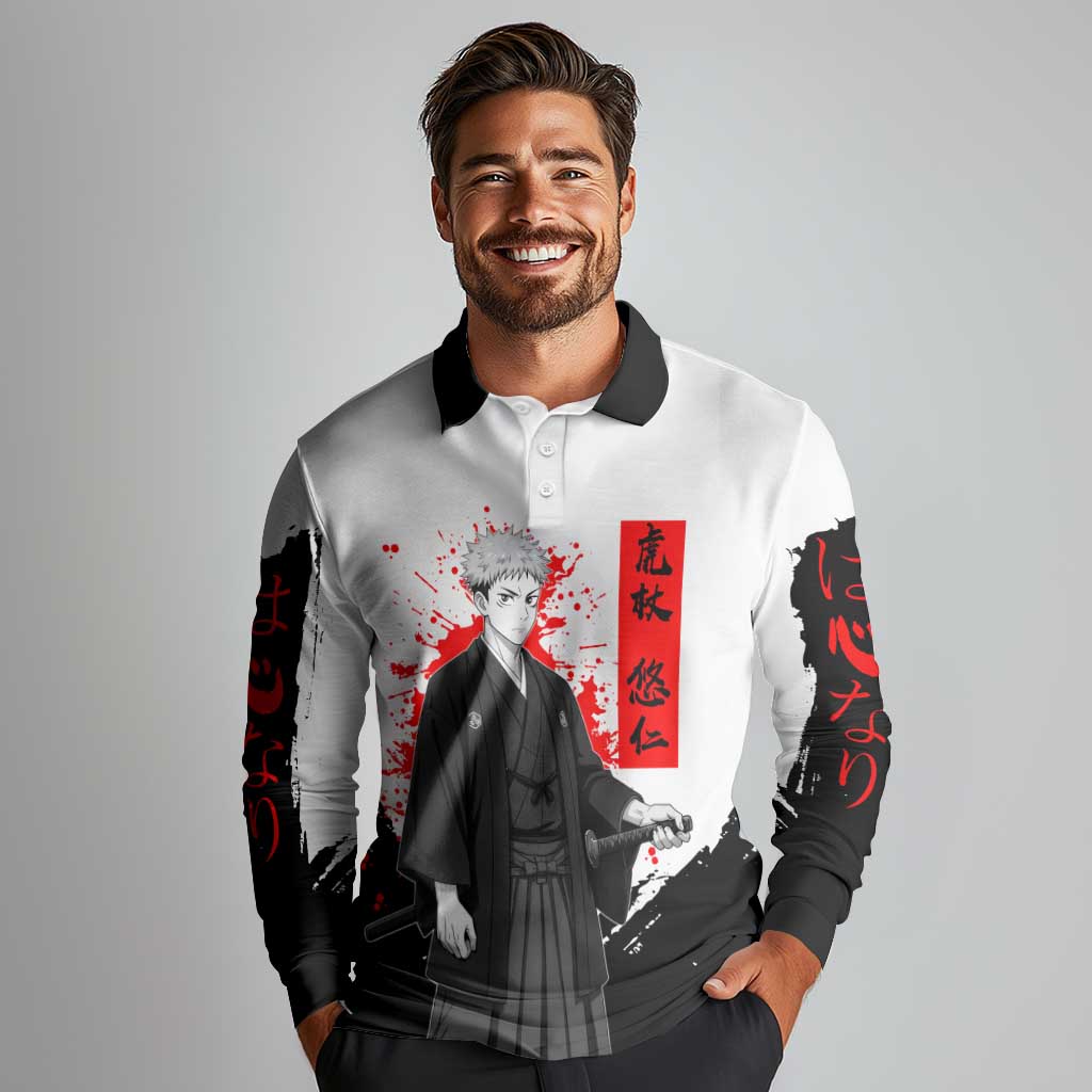 Yuji Itadori Jujutsu Kaisen Samurai Design Long Sleeve Polo Shirt with Katana, Red Kanji Elements and Oni Mask Graphic - The Mazicc