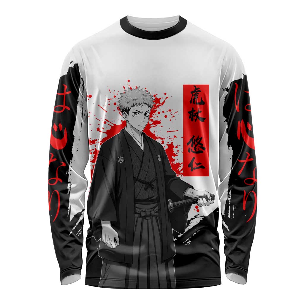 Yuji Itadori Jujutsu Kaisen Samurai Design Long Sleeve Shirt with Katana, Red Kanji Elements and Oni Mask Graphic - The Mazicc
