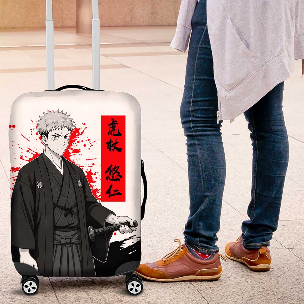 Yuji Itadori Jujutsu Kaisen Samurai Design Luggage Cover with Katana, Red Kanji Elements and Oni Mask Graphic - The Mazicc