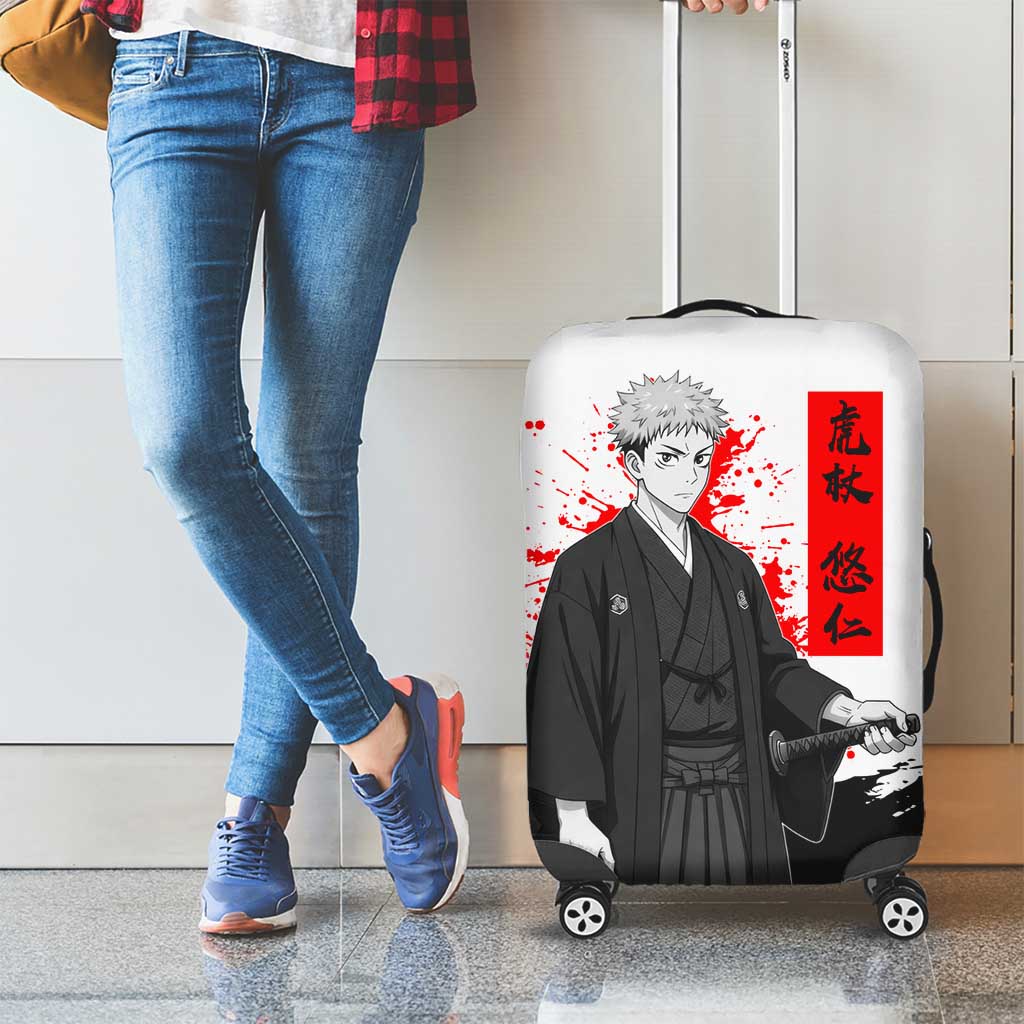 Yuji Itadori Jujutsu Kaisen Samurai Design Luggage Cover with Katana, Red Kanji Elements and Oni Mask Graphic - The Mazicc