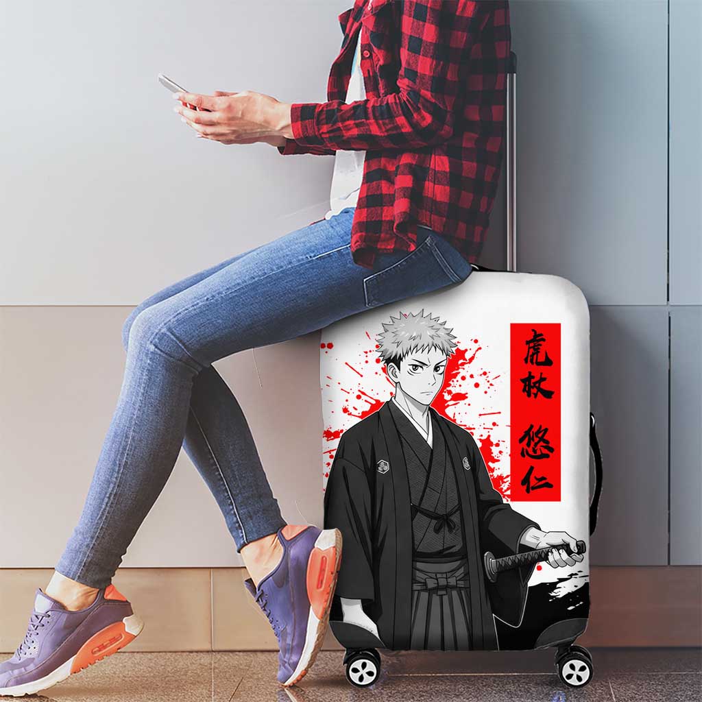 Yuji Itadori Jujutsu Kaisen Samurai Design Luggage Cover with Katana, Red Kanji Elements and Oni Mask Graphic - The Mazicc