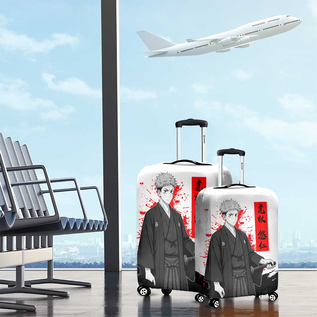 Yuji Itadori Jujutsu Kaisen Samurai Design Luggage Cover with Katana, Red Kanji Elements and Oni Mask Graphic - The Mazicc
