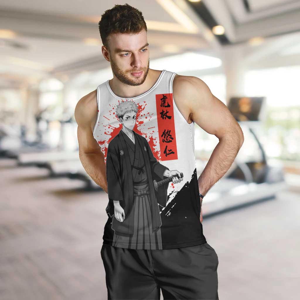 Yuji Itadori Jujutsu Kaisen Samurai Design Men Tank Top with Katana, Red Kanji Elements and Oni Mask Graphic - The Mazicc
