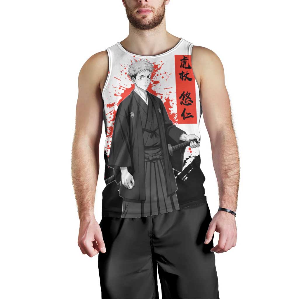 Yuji Itadori Jujutsu Kaisen Samurai Design Men Tank Top with Katana, Red Kanji Elements and Oni Mask Graphic - The Mazicc