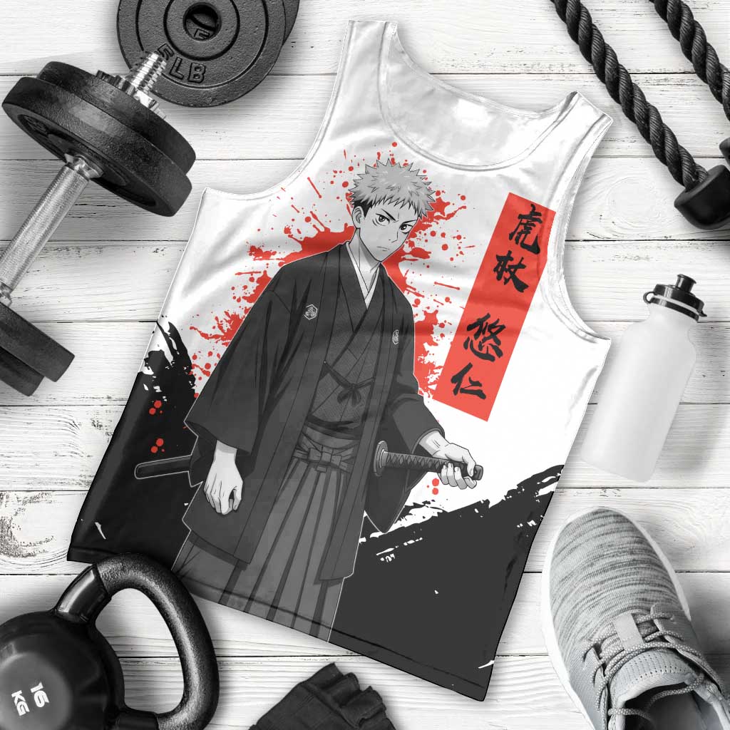 Yuji Itadori Jujutsu Kaisen Samurai Design Men Tank Top with Katana, Red Kanji Elements and Oni Mask Graphic - The Mazicc