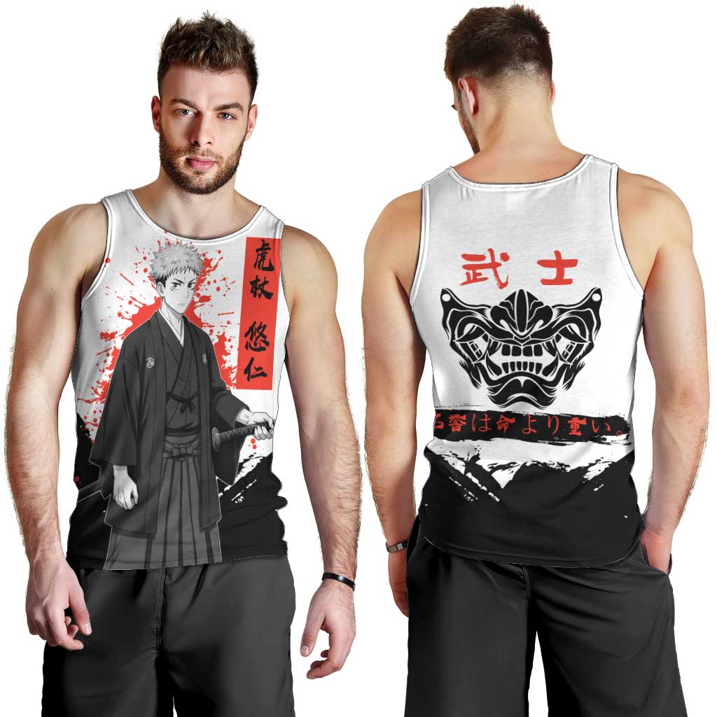 Yuji Itadori Jujutsu Kaisen Samurai Design Men Tank Top with Katana, Red Kanji Elements and Oni Mask Graphic - The Mazicc