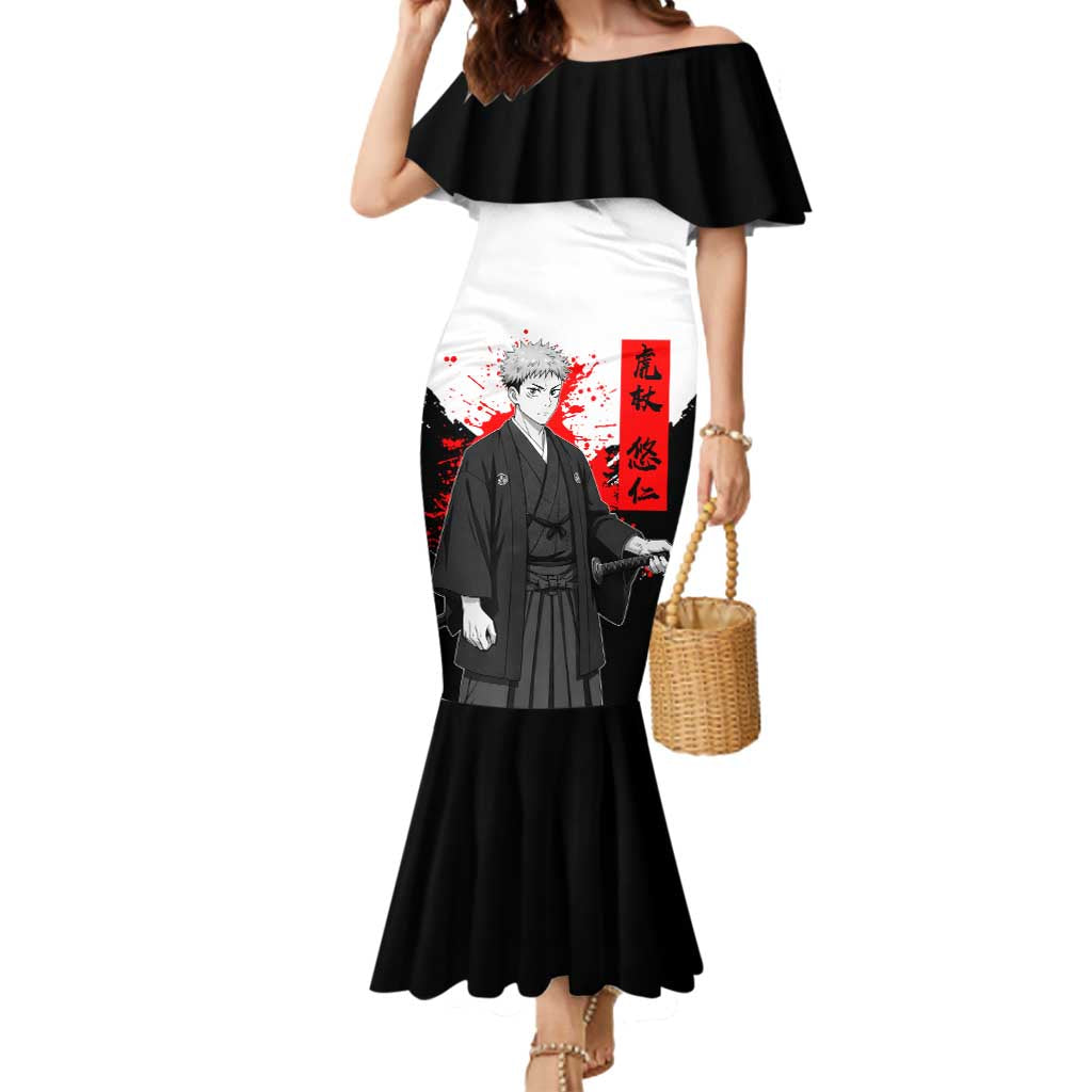 Yuji Itadori Jujutsu Kaisen Samurai Design Mermaid Dress with Katana, Red Kanji Elements and Oni Mask Graphic - The Mazicc