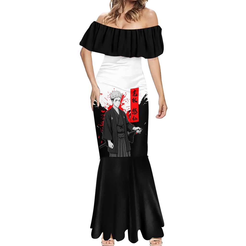 Yuji Itadori Jujutsu Kaisen Samurai Design Mermaid Dress with Katana, Red Kanji Elements and Oni Mask Graphic - The Mazicc