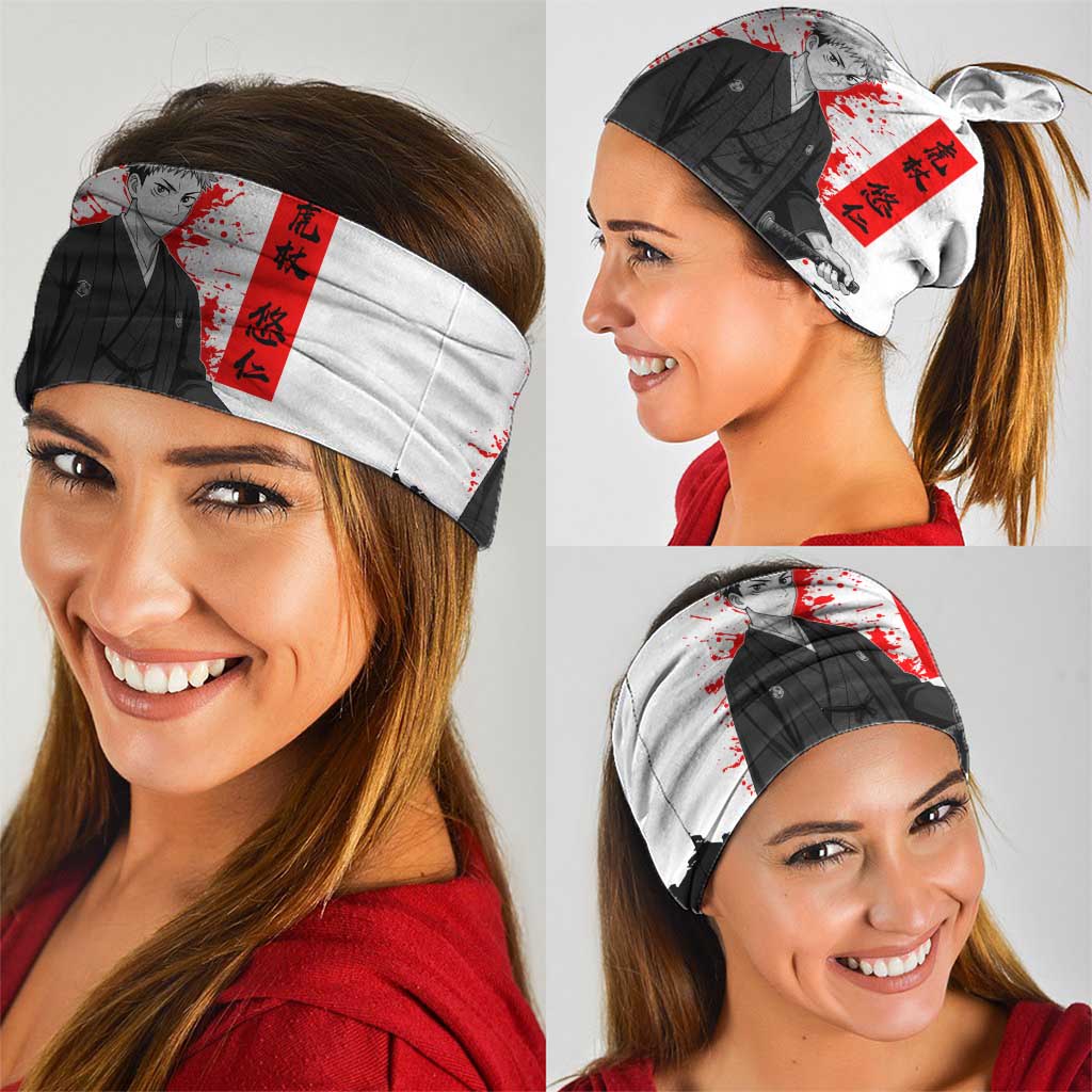 Yuji Itadori Jujutsu Kaisen Samurai Design Neck Gaiter with Katana, Red Kanji Elements and Oni Mask Graphic - The Mazicc