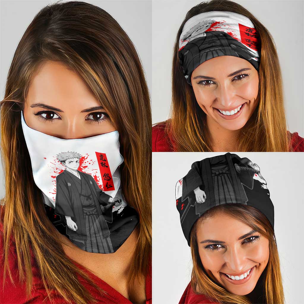 Yuji Itadori Jujutsu Kaisen Samurai Design Neck Gaiter with Katana, Red Kanji Elements and Oni Mask Graphic - The Mazicc