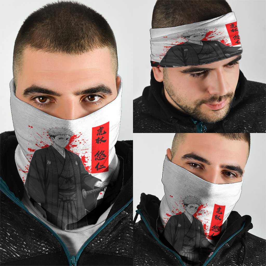 Yuji Itadori Jujutsu Kaisen Samurai Design Neck Gaiter with Katana, Red Kanji Elements and Oni Mask Graphic - The Mazicc