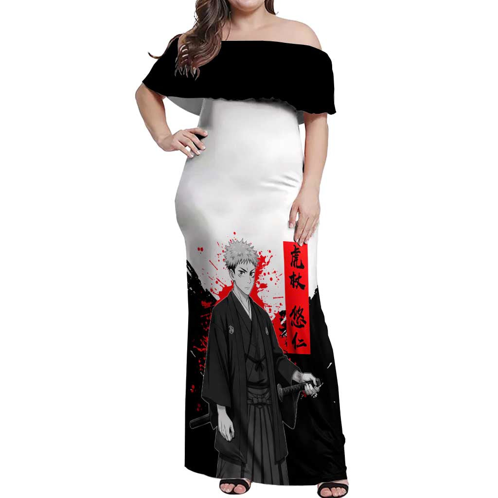Yuji Itadori Jujutsu Kaisen Samurai Design Off Shoulder Maxi Dress with Katana, Red Kanji Elements and Oni Mask Graphic - The Mazicc