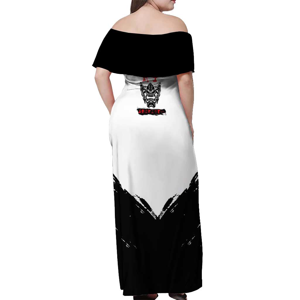 Yuji Itadori Jujutsu Kaisen Samurai Design Off Shoulder Maxi Dress with Katana, Red Kanji Elements and Oni Mask Graphic - The Mazicc